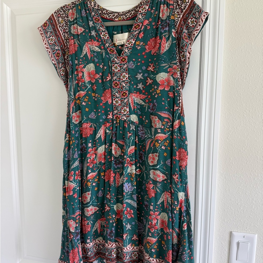 Anthropologie Teal Zenia Floral Dress